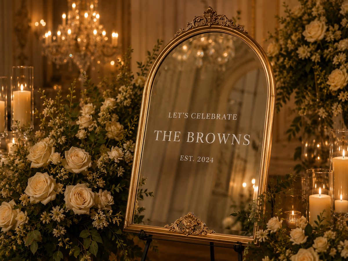 Framed glass engraved table number on a wedding reception table