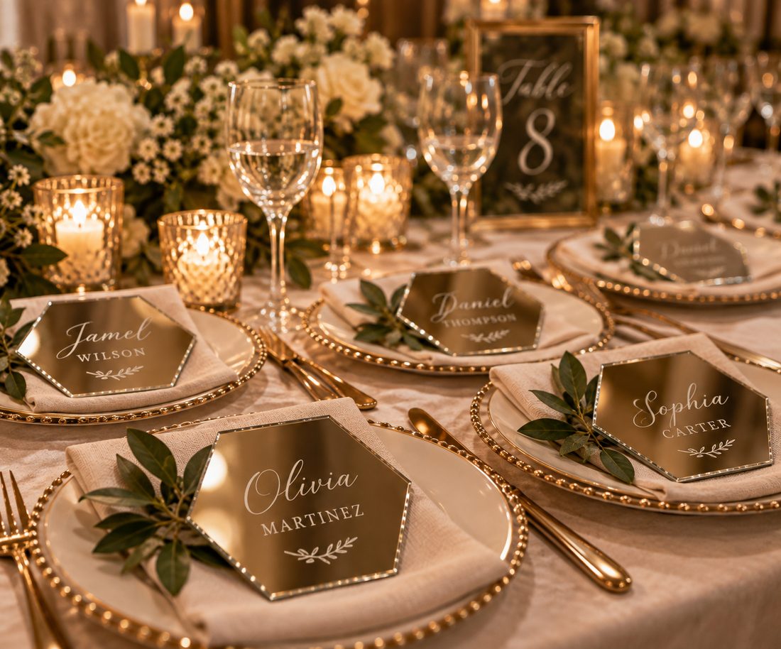 Personalized engraved hexagon guest mirrors used as place cards on wedding place settings