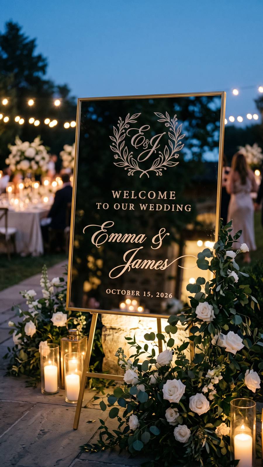 Engraved mirror wedding welcome sign at dusk, lit by candles and surrounded by white roses