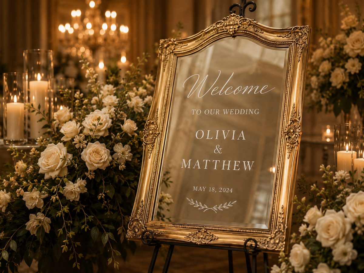 Elegant engraved wedding welcome mirror with florals and candles