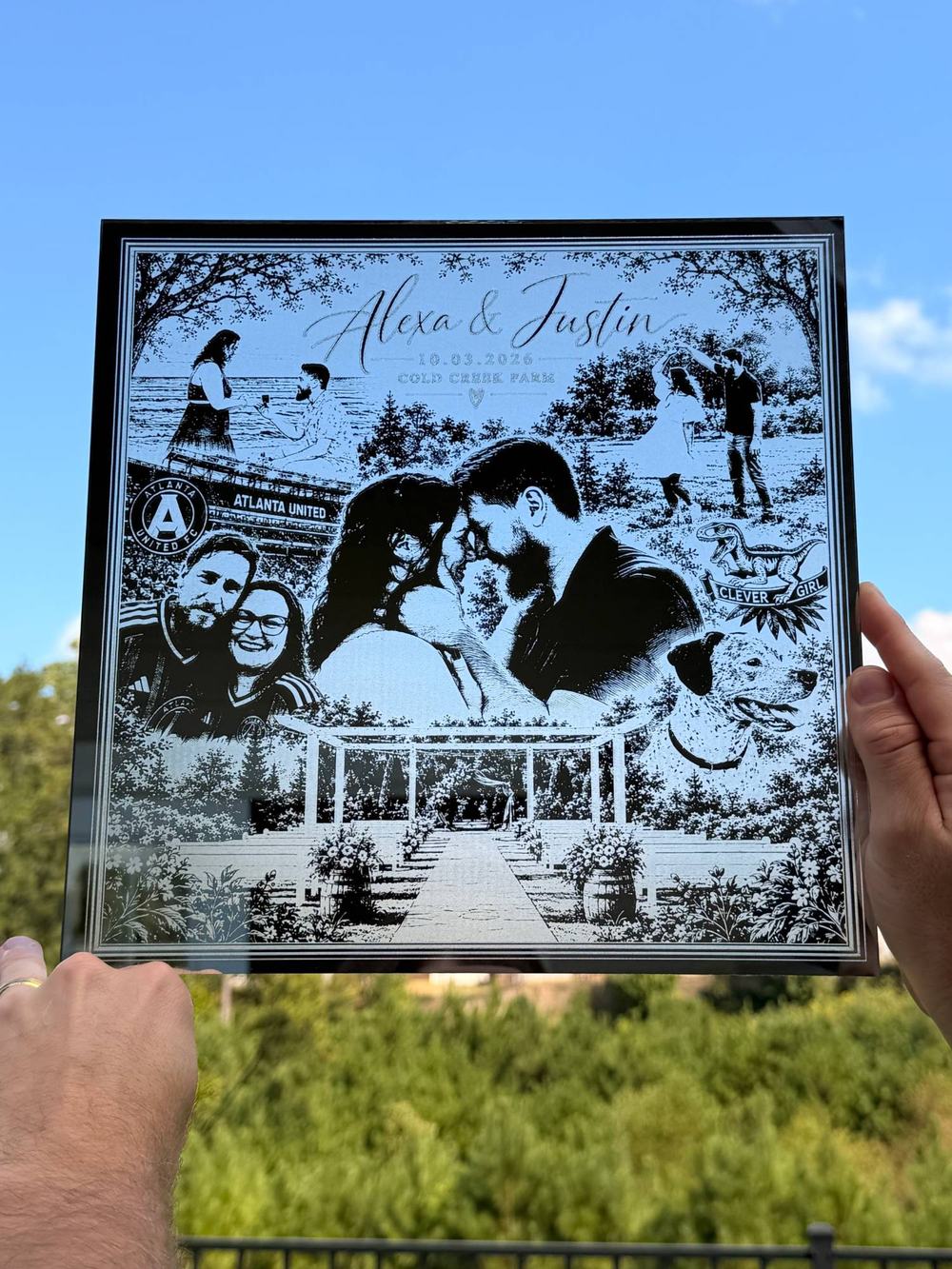 Engraved memory mirror composed from a couple&rsquo;s photographs, with their names, wedding date and venue