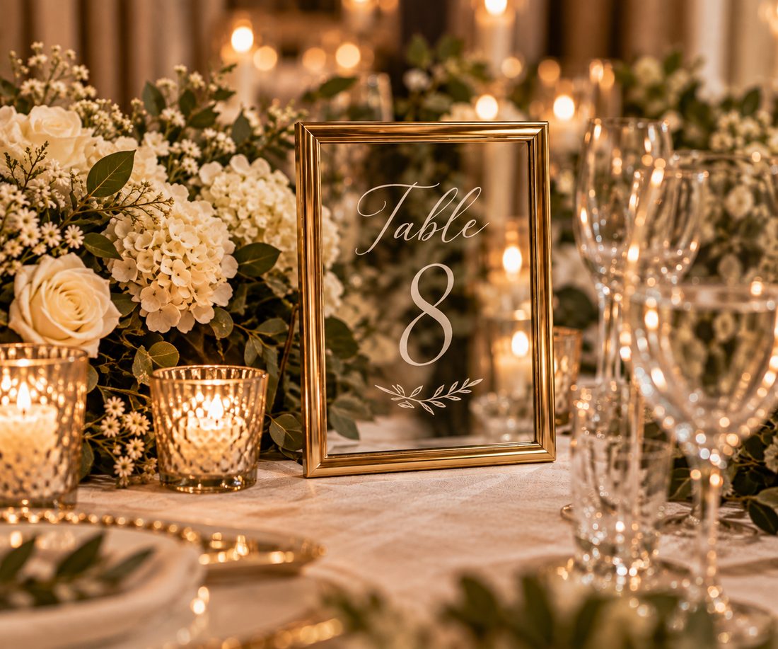 Framed glass engraved table number on a candlelit wedding reception table