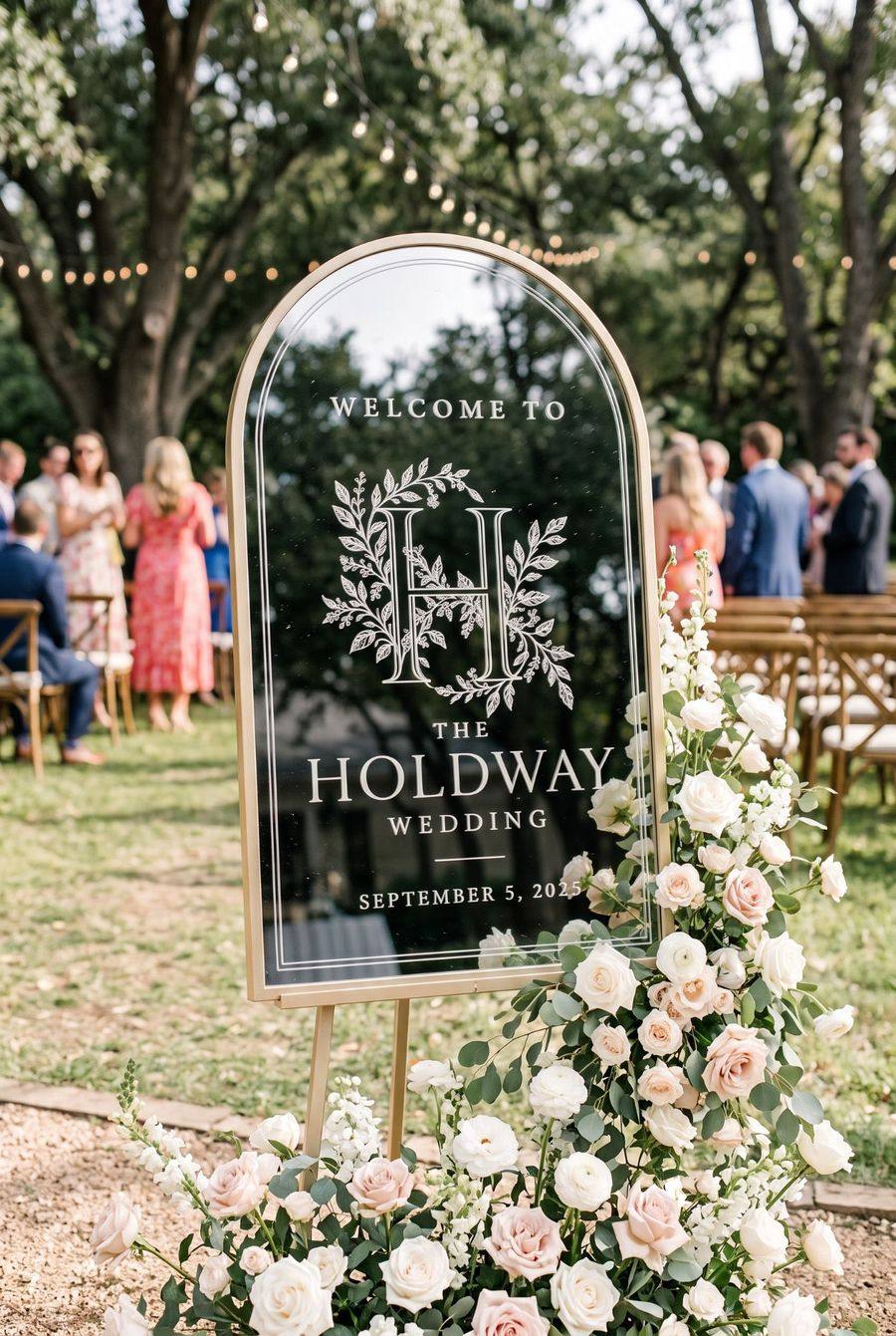 Arched engraved mirror welcome sign with a botanical monogram beside an outdoor ceremony