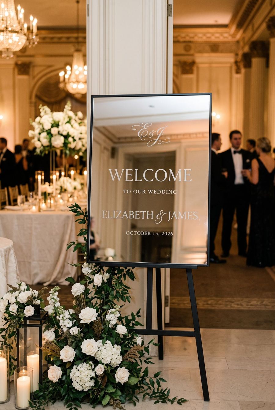 Black-framed engraved mirror welcome sign in a candlelit ballroom with chandeliers