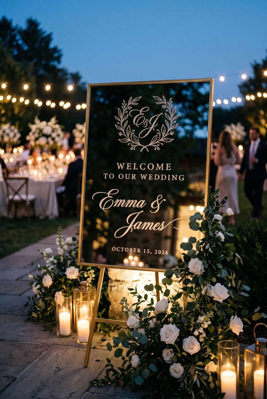 Gold-framed engraved mirror welcome sign at dusk under string lights, surrounded by candles and white roses