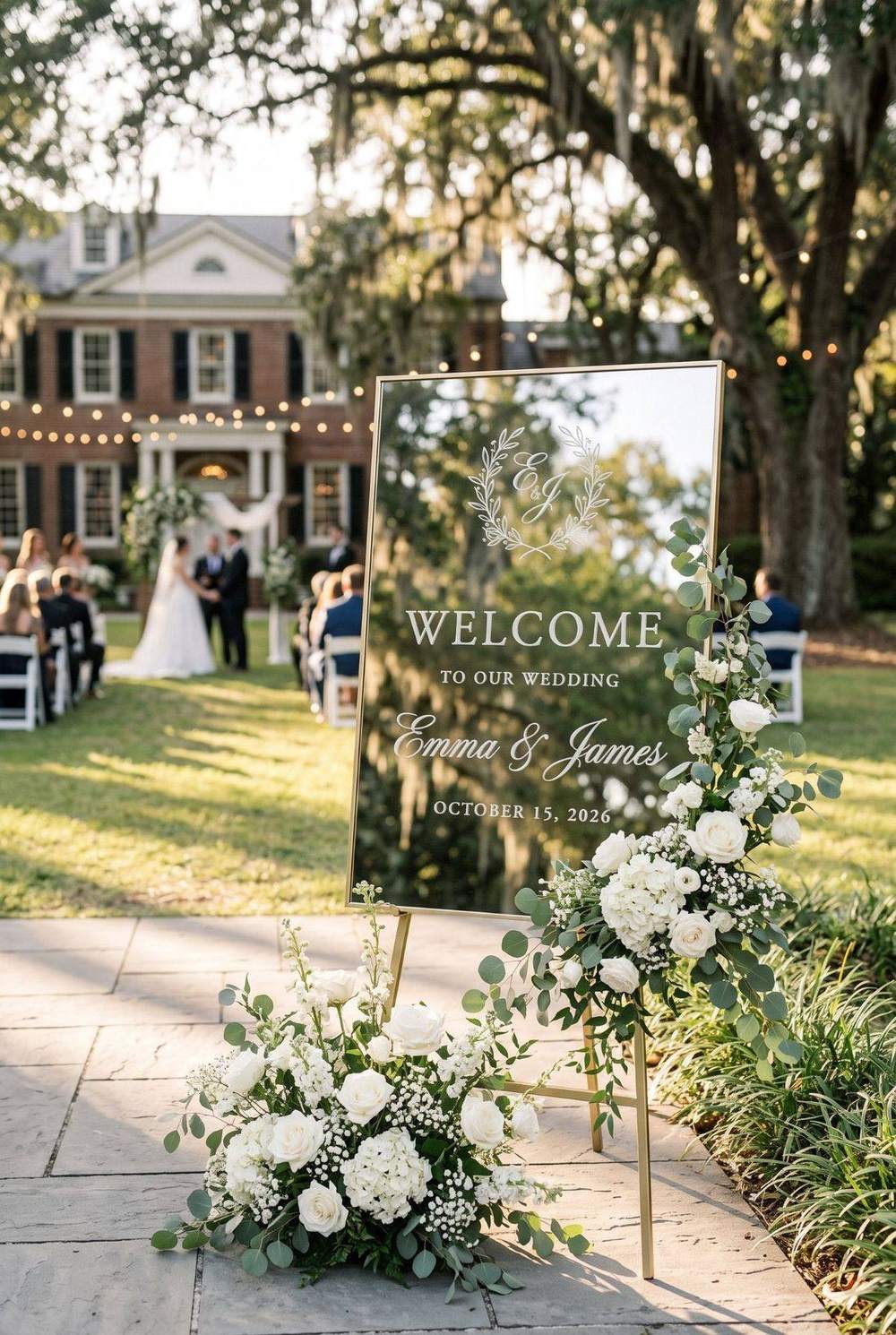 Engraved mirror wedding welcome sign on a gold easel with white florals, an outdoor ceremony behind it
