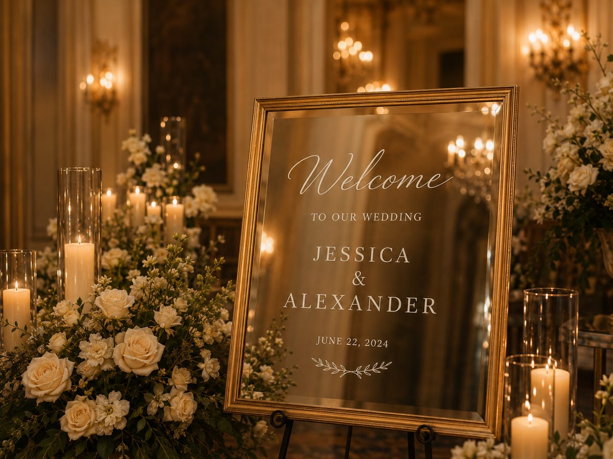 Personalized engraved hexagon glass mirror at a wedding place setting